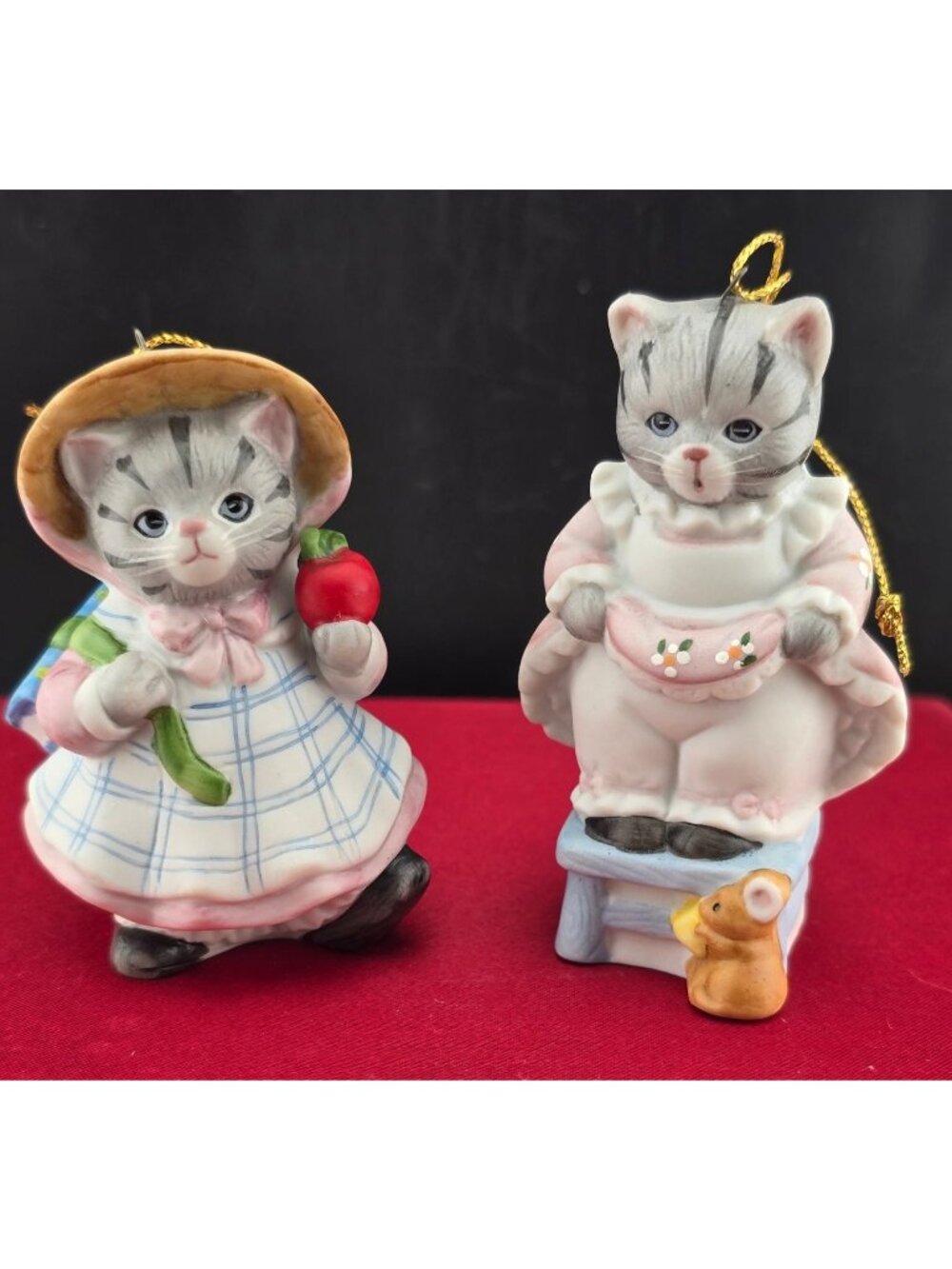 Kitty Cucumber Figurine Set Of 2 - 1988 B. Shackman - Porcelain Cat Ornaments